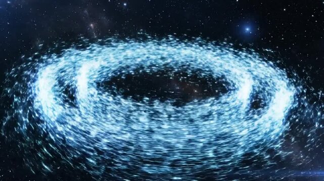 A swirling vortex of bright blue light and energy spins in the darkness of outer space, surrounded by distant stars, creating a cosmic and dynamic spectacle, Abstract, Science