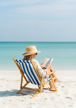 Relaxing Summer Vacation Woman Reading by Turquoise Sea