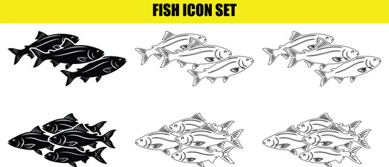 Fototapeta premium Collection of fish group icons featuring simple designs in black white and linear style.