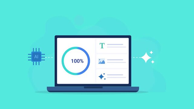 Animated flat vector illustration of a laptop displaying an AI content generation dashboard with text, automation, and smart processing icons. Modern artificial intelligence and content creation techn