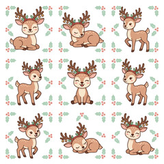 Fototapeta premium Cute Deer Pattern with Antlers Holiday.