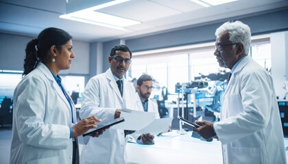 Fototapeta premium Diverse team of scientists collaborating and discussing research findings in a modern laboratory setting