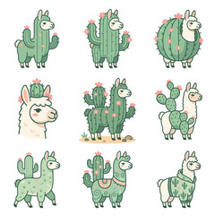 Obraz premium Cute llama and cactus illustrations together.