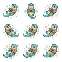 Fototapeta premium Cute Otters Wearing Life Jackets Illustration.