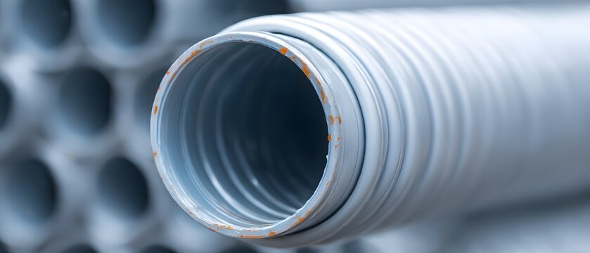 close up of gray corrugated plastic pipe with orange rust marks on the edge.