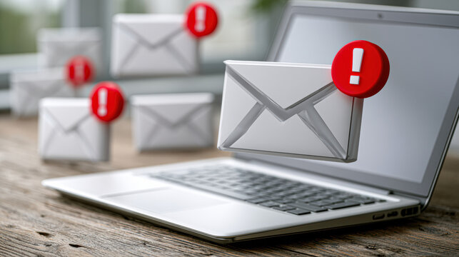 Laptop displaying email icons with red exclamation marks indicating urgent or important messages, symbolizing email alerts or notifications.
