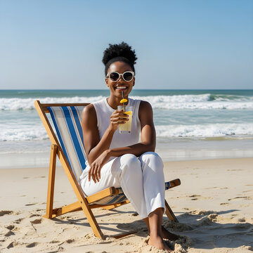 Happy Woman Enjoying a Refreshing Drink on a Sunny Beach Vacation
