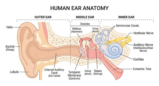 Human Ear Anatomy Diagram Showing Outer Ear with Auricle and Ear Canal, Middle Ear with Tympanic Membrane and Ossicles Malleus Incus Stapes, and Inner Ear with Cochlea and Auditory Nerve
