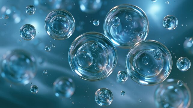 水中に浮かぶ透明な気泡と細胞