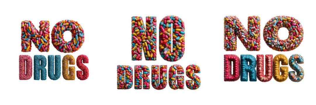 Set of Rainbow-colored medicinal caplets forming the word "NO" on a bright white backdrop, neat pill placement, modern medical theme on transparent png background. Ai generated