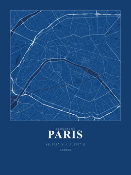 Paris city map blueprint poster, detailed street map of paris france, urban grid layout with seine river, minimalist cartography art print, architectural style design