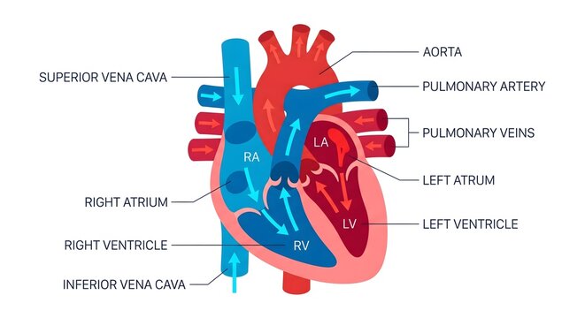 Human Heart Anatomy Diagram Showing Superior and Inferior Vena Cava, Right Atrium, Right Ventricle, Pulmonary Artery, Pulmonary Veins, Left Atrium, Left Ventricle, and Aorta Blood Flow Process