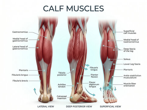 Detailed anatomical illustration showing the various calf muscles of the human lower leg with clear labels for medical educational purposes