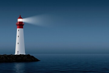 Fototapeta premium Lighthouse stands tall by the sea as its light shines across the water at night