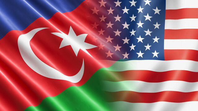 The national flags of Azerbaijan and the United States are blended together, illustrating the complex geopolitical tensions, diplomatic partnership, and bilateral relations.