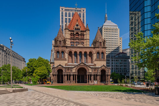 Boston, MA, US-May 26, 2026: Copley Square with newly redesigned public park in the Back Bay neighborhood with the Hancock building and Trinity Church.