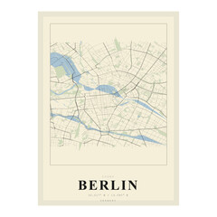 Fototapeta premium Minimalist map poster of berlin, germany, featuring a stylized street grid, river spree, and geographic coordinates in a clean, modern aesthetic with a soft ivory background