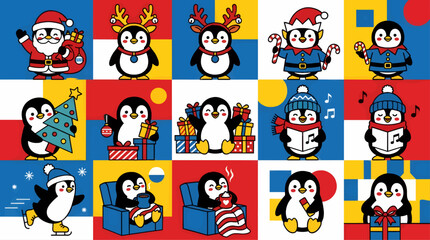 Obraz premium Cute Penguin Christmas Characters in Various Festive Outfits and Activities, Festive Winter Holiday Flat Vector Illustration Collection