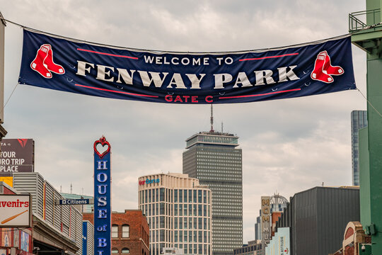 Boston, MA, US-April 8, 2026: Banner at Fenway Park in the Kenmore Square neighborhood reading Boston Red Sox.