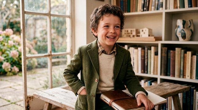 A candid-style portrait of a cheerful young boy with curly brown hair and freckles. He wears a green tweed blazer over a knit vest and is laughing heartily. He is leaning on a rustic wooden bench, hol