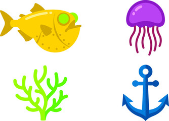 Naklejka premium Deep Sea Marine Life and Nautical Vector Set Featuring Yellow Anglerfish Purple Jellyfish Green Coral Reef and Blue Ship Anchor Flat Illustration Elements