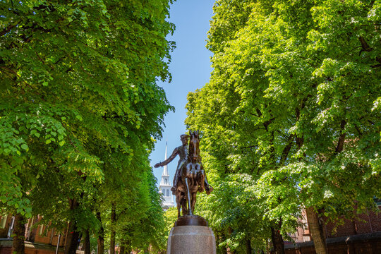 Boston, MA, US-May 26, 2026: Statue of Paul Revere in public park in the city's North End neighborhood, a historically Italian area.