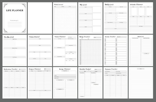 Minimalist Life Planner Printable Template Bundle for Personal Organization, Minimalist life planner template collection featuring goal planners, daily planners, to-do lists, vision boards