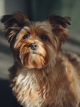 close-up portrait of a Dorkie dog's face in the rays of sunlight.