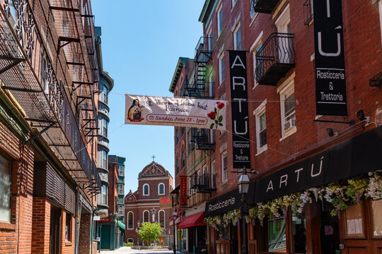 Boston, MA, US-May 26, 2026: Brick buildings and charming streets in the North End, a historically Italian neighborhood.
