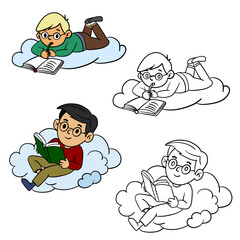Fototapeta premium Hand-drawn illustration of schoolboys sitting on a cloud and studying in color and black and white outline. Cute students reading books, writing, and learning