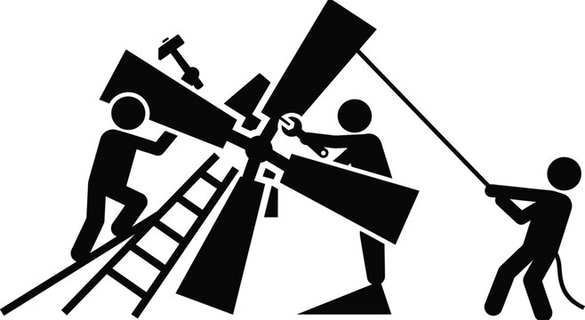 Windmill assembly by manual labourers with industrial tools