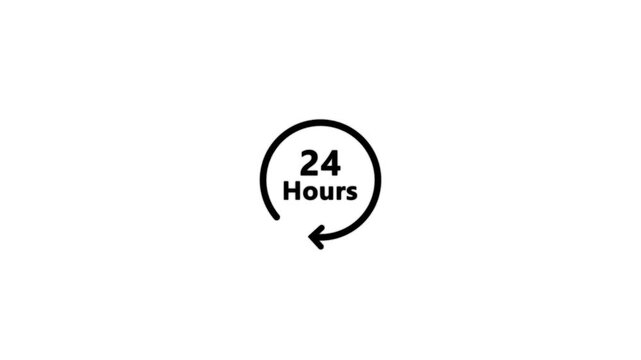 24 hours availability concept animation on the transparent background, full time service sign with rotating arrow icon animated.