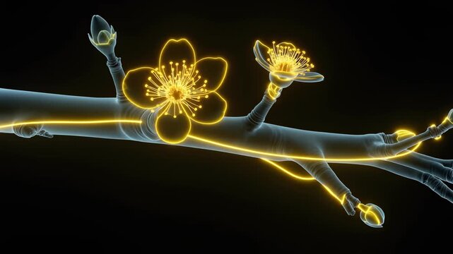X-Ray of a Tree Branch Showing Glowing Sap Flow Leading to a Beautiful Floral Bloom Loop