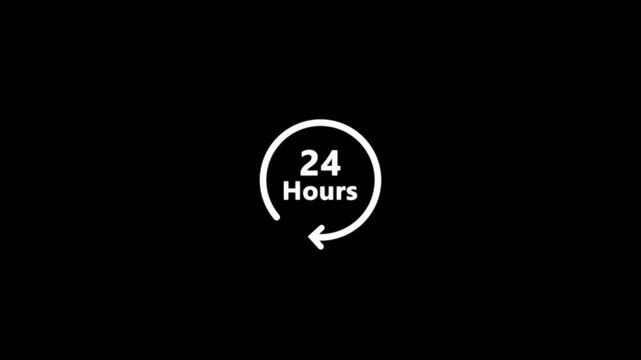 24 hours availability concept animation on the transparent background, full time service sign with rotating arrow icon animated.