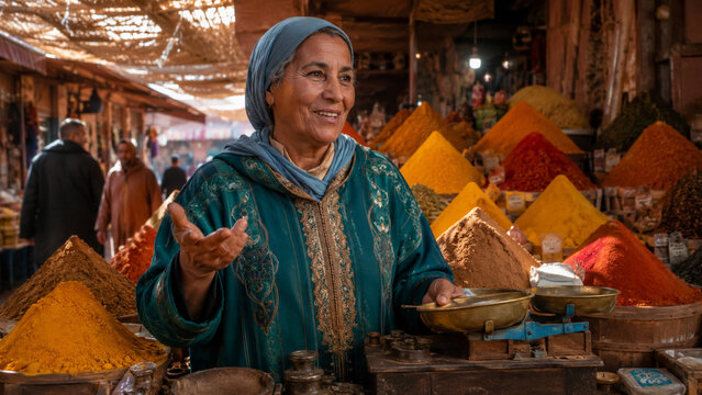A confident Moroccan woman in her mid-50s standing proudly behind her spice stall in a bustling Marrakech souk