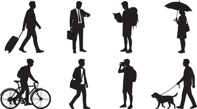 Everyday people lifestyle and travel silhouette collection including tourist, commuter, cyclist, and dog walker.