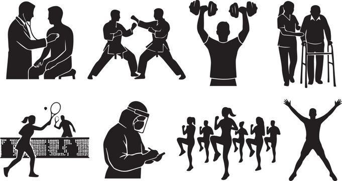 Health, medical, and fitness silhouette collection including doctor checkup, elderly care, sports, and aerobic exercises.