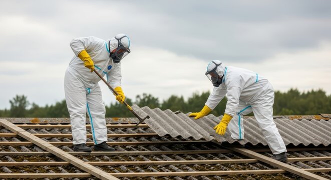 Professional Workers in Hazmat Suits Removing Asbestos Roofing Sheets from a Building Roof for Safe Disposal