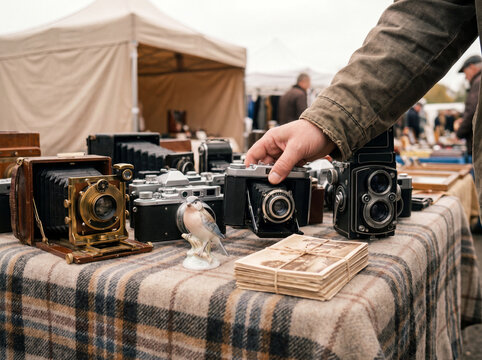Hand choosing vintage folding camera from antique market display with old photos