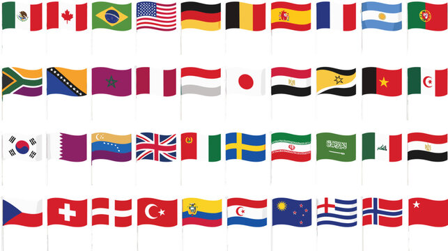 Collection of international world country flags in waving style with silver poles isolated on transparent background for global event and diplomacy themes.