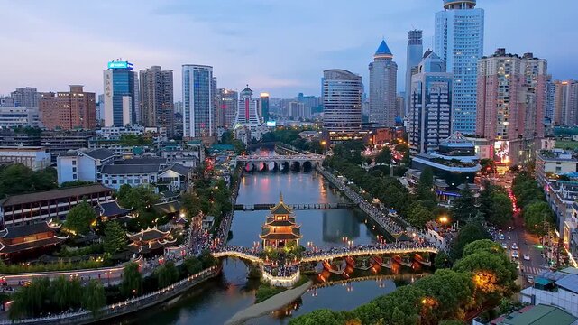 Aerial night view of Jiaxiu Tower and urban skyline in Guiyang, Guizhou, China	