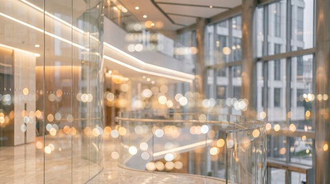 Abstract blurred modern corporate office building interior background featuring bright warm bokeh lights shining through glass walls creating elegant professional business atmosphere
