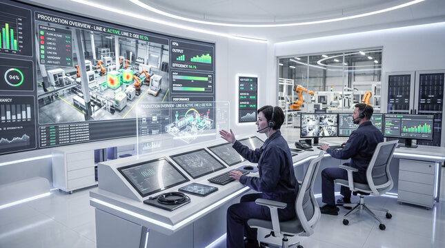 professional engineers monitoring automated industrial production line using futuristic digital interface, modern smart factory control room equipped with advanced manufacturing technology