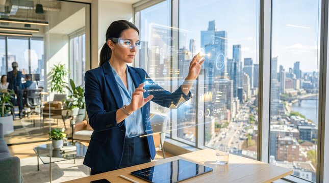 Professional female executive wearing smart augmented reality glasses analyzing glowing holographic financial data charts standing near bright window inside modern corporate office