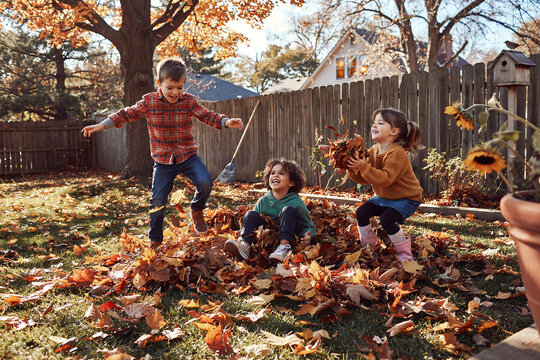 Happy Children Playing and Jumping in Autumn Leaves in Backyard