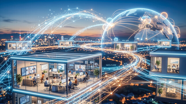 global data flow network connecting international business offices modern corporate buildings futuristic digital communication technology worldwide internet infrastructure smart city glowing links