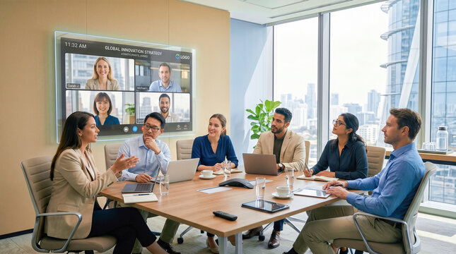 modern corporate office conference room business team having virtual video meeting transparent digital display smart communication technology global executive strategy collaboration teamwork
