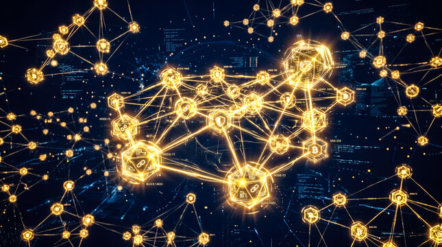 Abstract glowing golden blockchain network nodes connecting secure digital computer data flying dynamically across dark futuristic cyberspace background representing modern financial technology