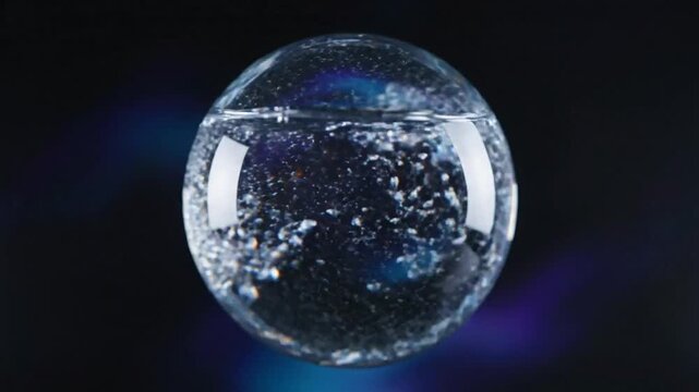 A clear glass sphere filled with swirling water and numerous small bubbles, suspended against a dark background with subtle blue and purple light flares
