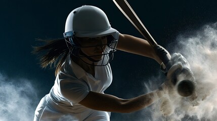 Naklejka premium Female cricket player wearing a helmet and white uniform batting a ball. Generating an explosive cloud of white dust around the bat and ball on a dark background